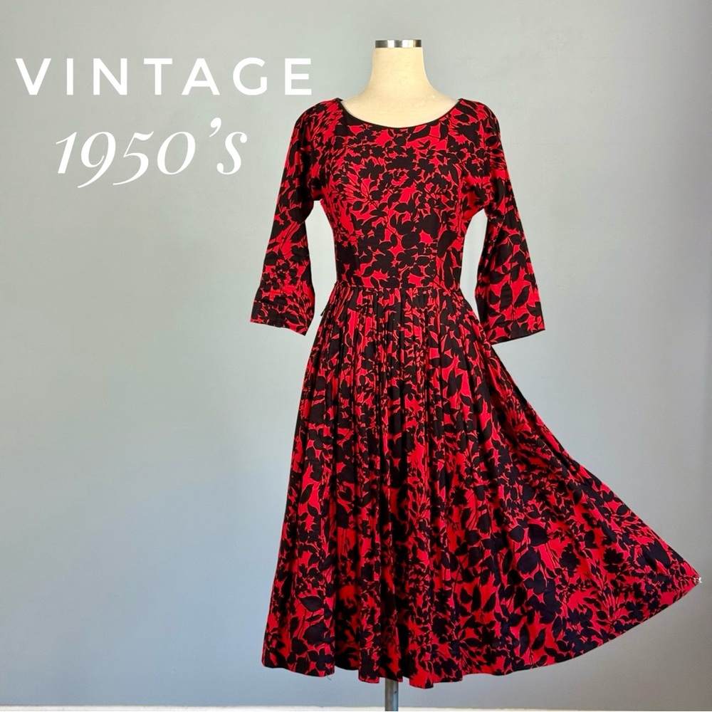 VINTAGE 1950s New Look Style Dress - Red and Black Mid-Century Midi  Full Skirt